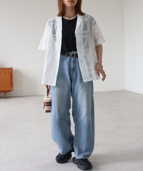 zena(ジェナ)の「パッチワーク風総刺繍半袖シャツジャケット(シャツ/ブラウス・レディース・ホワイト/ブラック・FREE)」の16枚目の写真