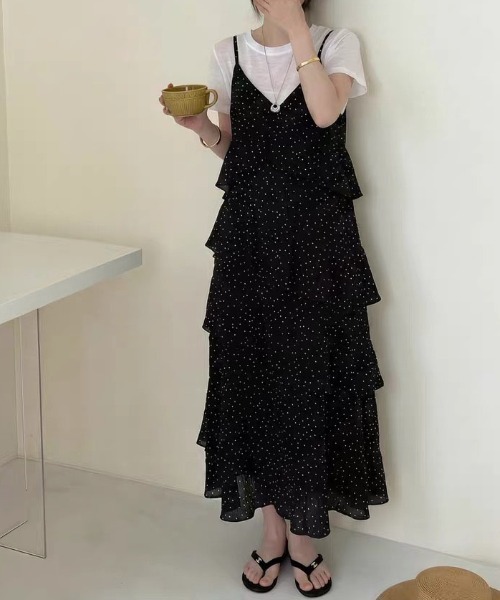gossip！ロサンゼルス（ゴシップロサンゼルス）の「【夏新作】ドット柄フリルVネックキャミロングティアードワンピース 【韓国ファッション日常シンプル】（ワンピース・レディース・ドット・L/M/XL）」の5枚目の写真