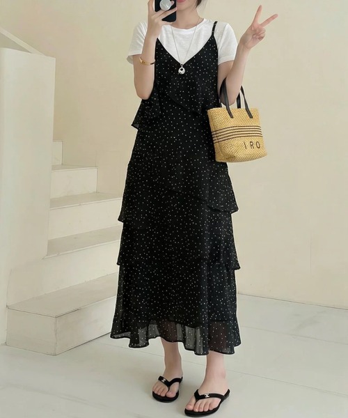 gossip！ロサンゼルス（ゴシップロサンゼルス）の「【夏新作】ドット柄フリルVネックキャミロングティアードワンピース 【韓国ファッション日常シンプル】（ワンピース・レディース・ドット・L/M/XL）」の7枚目の写真