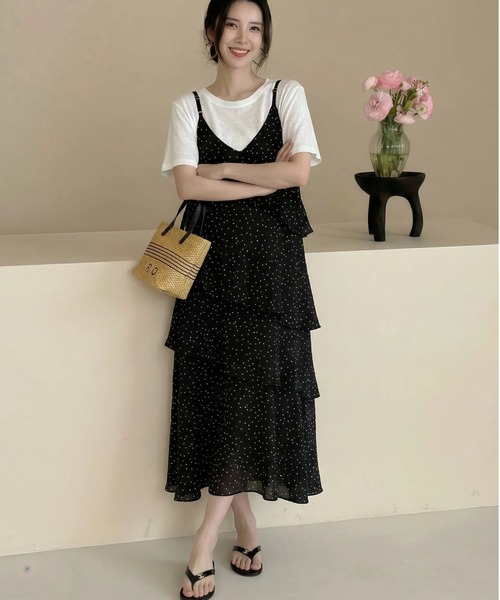 gossip！ロサンゼルス（ゴシップロサンゼルス）の「【夏新作】ドット柄フリルVネックキャミロングティアードワンピース 【韓国ファッション日常シンプル】（ワンピース・レディース・ドット・L/M/XL）」の9枚目の写真