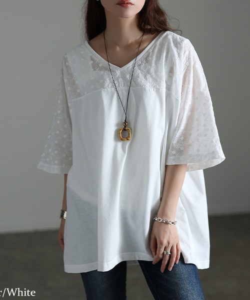 GOLDJAPAN(ゴールドジャパン)の「レース切り替えドルマンチュニックTシャツ【大きいサイズ対応】(チュニック・レディース・ホワイト/ブラック・LL/3L/4L/5L)」の2枚目の写真