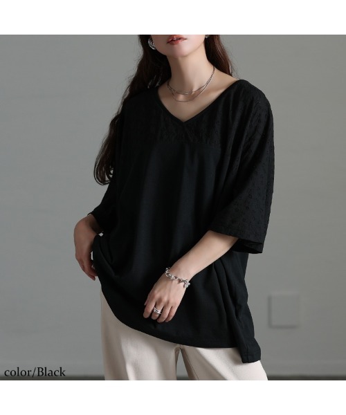 GOLDJAPAN(ゴールドジャパン)の「レース切り替えドルマンチュニックTシャツ【大きいサイズ対応】(チュニック・レディース・ホワイト/ブラック・LL/3L/4L/5L)」の7枚目の写真