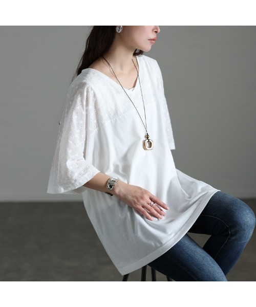 GOLDJAPAN(ゴールドジャパン)の「レース切り替えドルマンチュニックTシャツ【大きいサイズ対応】(チュニック・レディース・ホワイト/ブラック・LL/3L/4L/5L)」の12枚目の写真