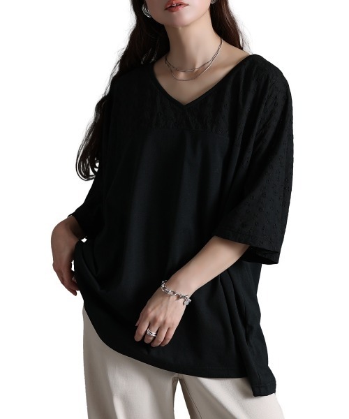 GOLDJAPAN(ゴールドジャパン)の「レース切り替えドルマンチュニックTシャツ【大きいサイズ対応】(チュニック・レディース・ホワイト/ブラック・LL/3L/4L/5L)」の22枚目の写真