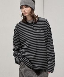 Alfred Alex（アルフレッドアレックス）の「【Alfred Alex】Slub Border Henley Tee   スラブボーダー ヘンリーネックロンT（Tシャツ/カットソー）」