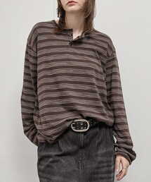 Alfred Alex（アルフレッドアレックス）の「【Alfred Alex】Slub Border Henley Tee   スラブボーダー ヘンリーネックロンT（Tシャツ/カットソー）」