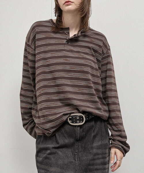 Alfred Alex(アルフレッドアレックス)の「【Alfred Alex】Slub Border Henley Tee / スラブボーダー ヘンリーネックロンT(Tシャツ/カットソー・メンズ・ブラック系/ライトグレー/ブラック/ダークブラウン/ネイビー系/ワインレッド・M/L)」の4枚目の写真
