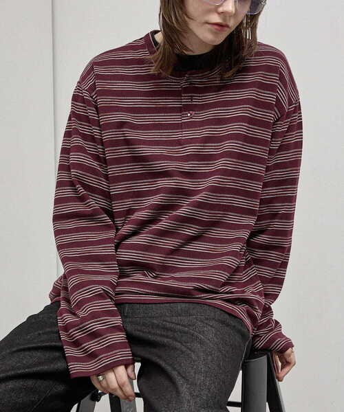 Alfred Alex(アルフレッドアレックス)の「【Alfred Alex】Slub Border Henley Tee / スラブボーダー ヘンリーネックロンT(Tシャツ/カットソー・メンズ・ブラック系/ライトグレー/ブラック/ダークブラウン/ネイビー系/ワインレッド・M/L)」の6枚目の写真