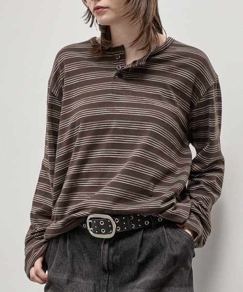 Alfred Alex(アルフレッドアレックス)の「【Alfred Alex】Slub Border Henley Tee / スラブボーダー ヘンリーネックロンT(Tシャツ/カットソー・メンズ・ブラック系/ライトグレー/ブラック/ダークブラウン/ネイビー系/ワインレッド・M/L)」の15枚目の写真