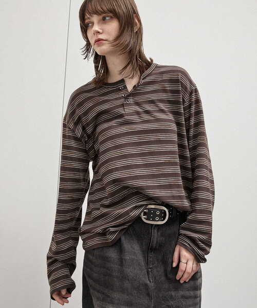 Alfred Alex(アルフレッドアレックス)の「【Alfred Alex】Slub Border Henley Tee / スラブボーダー ヘンリーネックロンT(Tシャツ/カットソー・メンズ・ブラック系/ライトグレー/ブラック/ダークブラウン/ネイビー系/ワインレッド・M/L)」の16枚目の写真