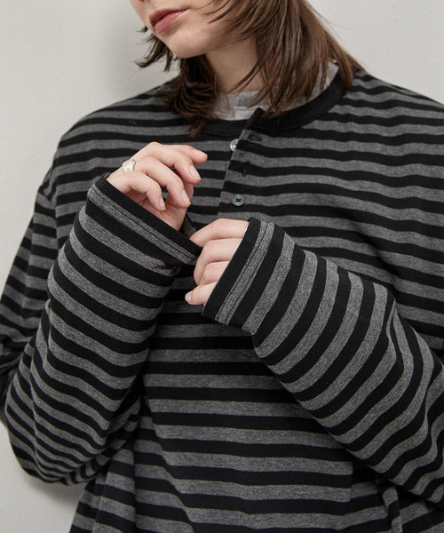 Alfred Alex(アルフレッドアレックス)の「【Alfred Alex】Slub Border Henley Tee / スラブボーダー ヘンリーネックロンT(Tシャツ/カットソー・メンズ・ブラック系/ライトグレー/ブラック/ダークブラウン/ネイビー系/ワインレッド・M/L)」の7枚目の写真