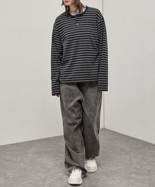 Alfred Alex(アルフレッドアレックス)の「【Alfred Alex】Slub Border Henley Tee / スラブボーダー ヘンリーネックロンT(Tシャツ/カットソー・メンズ・ブラック系/ライトグレー/ブラック/ダークブラウン/ネイビー系/ワインレッド・M/L)」の8枚目の写真