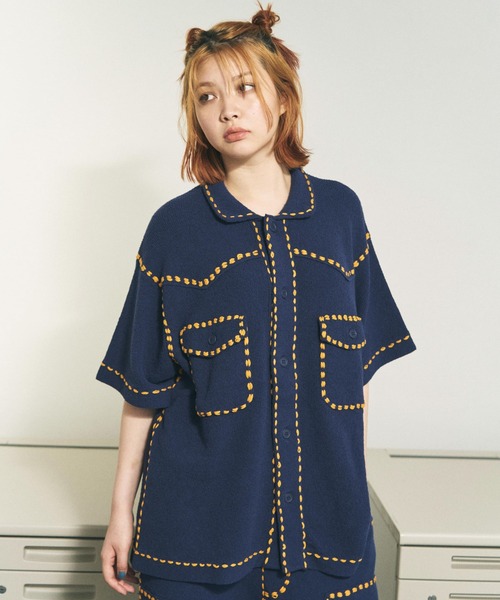 PHINGERIN(フィンガリン)の「PHINGERIN / フィンガリン SUMMER PG1 WESTERN SHIRT サマーピージーワン ウエスタンシャツ 半袖ニットシャツ(シャツ/ブラウス・メンズ・レッド/ネイビー・MEDIUM)」の2枚目の写真