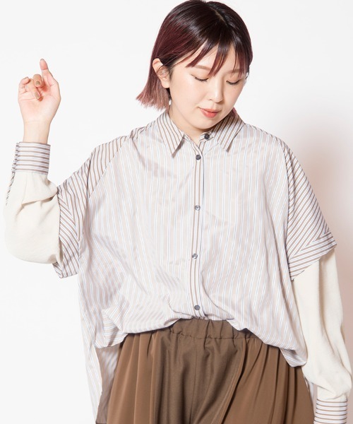 OSMOSIS（オズモーシス）の「切替ストライプブラウス（シャツ/ブラウス・レディース・ベージュ/ブルー/ブラック・ONE SIZE）」の3枚目の写真