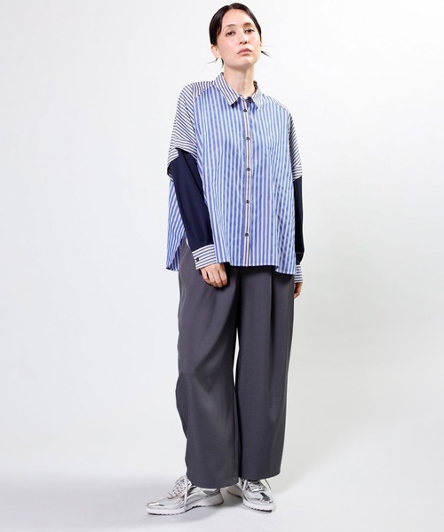 OSMOSIS（オズモーシス）の「切替ストライプブラウス（シャツ/ブラウス・レディース・ベージュ/ブルー/ブラック・ONE SIZE）」の8枚目の写真