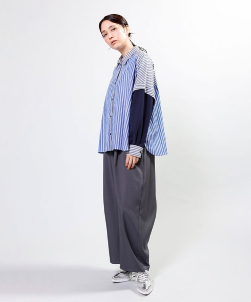 OSMOSIS（オズモーシス）の「切替ストライプブラウス（シャツ/ブラウス・レディース・ベージュ/ブルー/ブラック・ONE SIZE）」の9枚目の写真