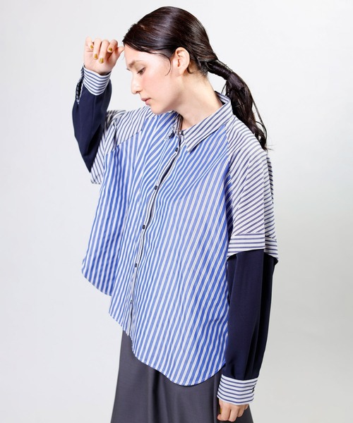 OSMOSIS（オズモーシス）の「切替ストライプブラウス（シャツ/ブラウス・レディース・ベージュ/ブルー/ブラック・ONE SIZE）」の11枚目の写真
