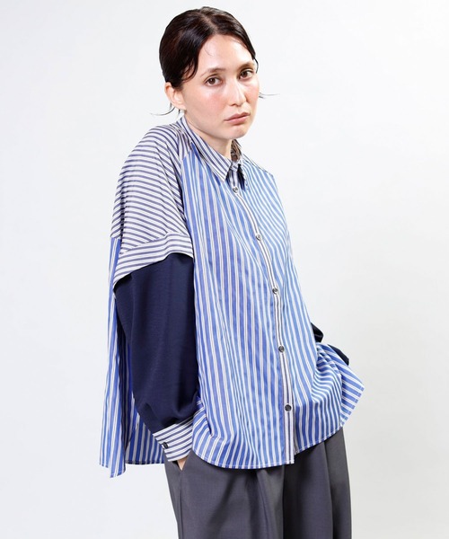 OSMOSIS（オズモーシス）の「切替ストライプブラウス（シャツ/ブラウス・レディース・ベージュ/ブルー/ブラック・ONE SIZE）」の12枚目の写真