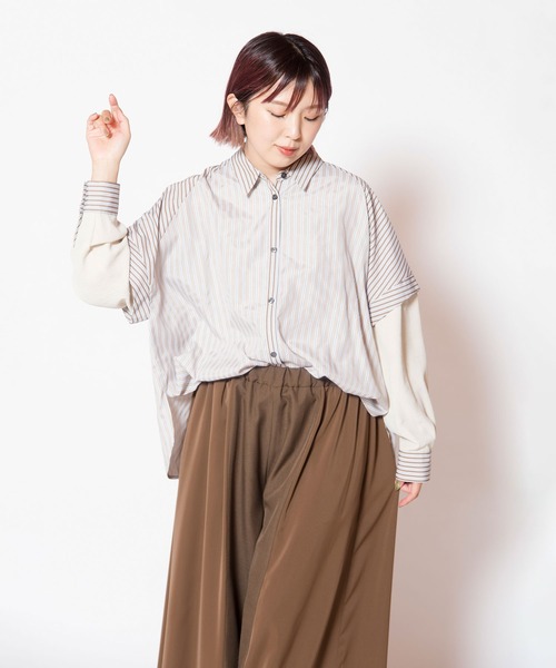 OSMOSIS（オズモーシス）の「切替ストライプブラウス（シャツ/ブラウス・レディース・ベージュ/ブルー/ブラック・ONE SIZE）」の14枚目の写真