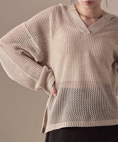 Fashion Letter(ファッションレター)の「オーバーサイズ メッシュニットフーディ(パーカー・レディース・ブラック/ベージュ/ブラウン/カーキ/キナリ・M)」の5枚目の写真
