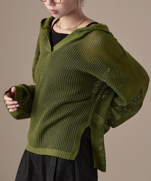 Fashion Letter(ファッションレター)の「オーバーサイズ メッシュニットフーディ(パーカー・レディース・ブラック/ベージュ/ブラウン/カーキ/キナリ・M)」の1枚目の写真