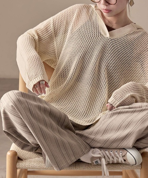 Fashion Letter(ファッションレター)の「オーバーサイズ メッシュニットフーディ(パーカー・レディース・ブラック/ベージュ/ブラウン/カーキ/キナリ・M)」の2枚目の写真
