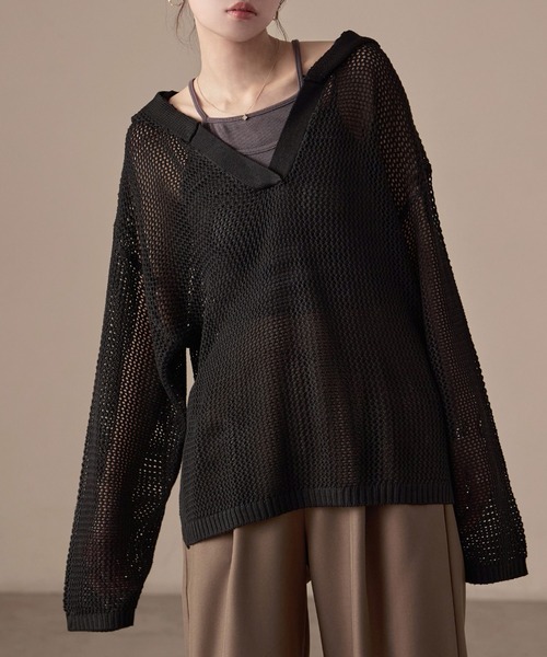 Fashion Letter(ファッションレター)の「オーバーサイズ メッシュニットフーディ(パーカー・レディース・ブラック/ベージュ/ブラウン/カーキ/キナリ・M)」の3枚目の写真