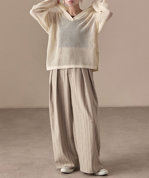 Fashion Letter(ファッションレター)の「オーバーサイズ メッシュニットフーディ(パーカー・レディース・ブラック/ベージュ/ブラウン/カーキ/キナリ・M)」の7枚目の写真