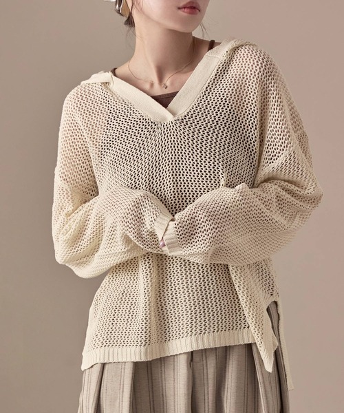 Fashion Letter(ファッションレター)の「オーバーサイズ メッシュニットフーディ(パーカー・レディース・ブラック/ベージュ/ブラウン/カーキ/キナリ・M)」の8枚目の写真