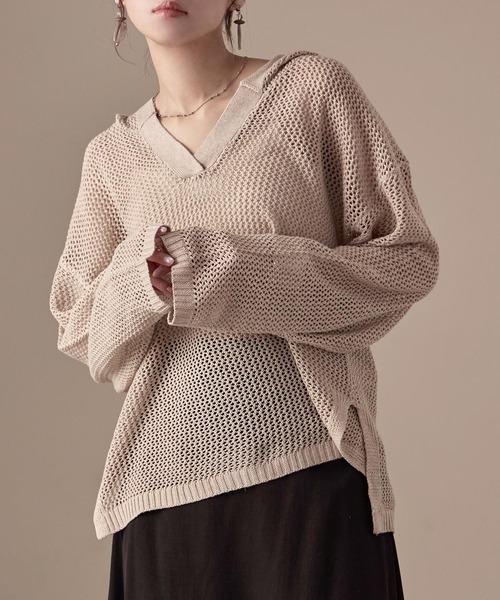 Fashion Letter(ファッションレター)の「オーバーサイズ メッシュニットフーディ(パーカー・レディース・ブラック/ベージュ/ブラウン/カーキ/キナリ・M)」の13枚目の写真