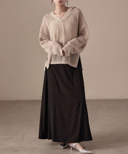 Fashion Letter(ファッションレター)の「オーバーサイズ メッシュニットフーディ(パーカー・レディース・ブラック/ベージュ/ブラウン/カーキ/キナリ・M)」の14枚目の写真