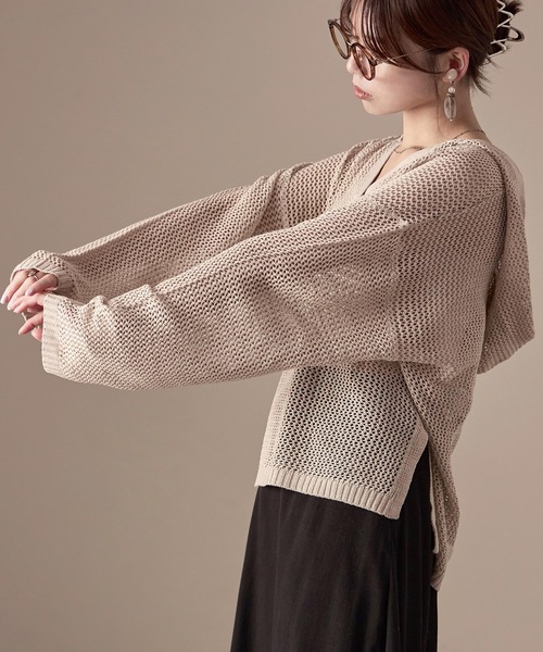 Fashion Letter(ファッションレター)の「オーバーサイズ メッシュニットフーディ(パーカー・レディース・ブラック/ベージュ/ブラウン/カーキ/キナリ・M)」の16枚目の写真