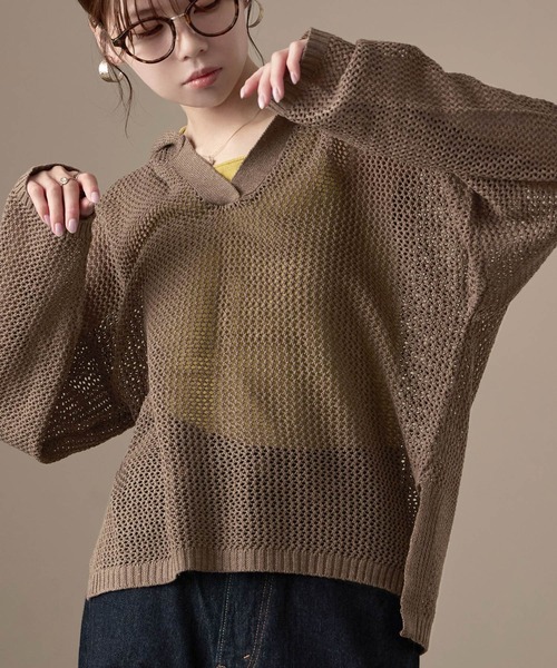 Fashion Letter(ファッションレター)の「オーバーサイズ メッシュニットフーディ(パーカー・レディース・ブラック/ベージュ/ブラウン/カーキ/キナリ・M)」の20枚目の写真