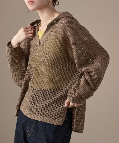 Fashion Letter(ファッションレター)の「オーバーサイズ メッシュニットフーディ(パーカー・レディース・ブラック/ベージュ/ブラウン/カーキ/キナリ・M)」の22枚目の写真