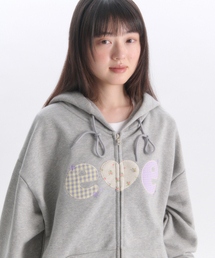 [起毛]チェックフラワー刺繍ジップアップフードジャケット AZIP901 (メランジ)