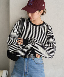 限定展開 ビッグ シルエット カラー ボーダー ロングスリーブ Tシャツ