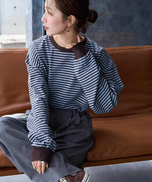限定展開 ビッグ シルエット カラー ボーダー ロングスリーブ Tシャツ