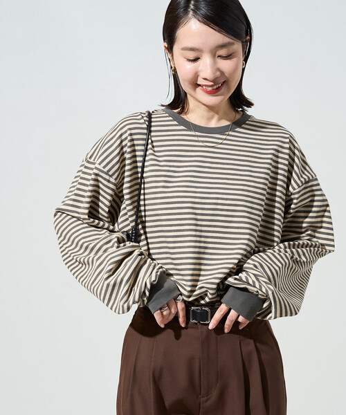 限定展開 ビッグ シルエット カラー ボーダー ロングスリーブ Tシャツ