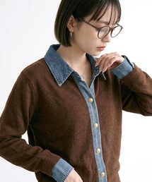 襟デニム切替ニットトップス