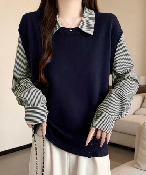 ReRe(リリ)の「ストライプ柄シャツ襟ドッキングニット(ニット/セーター・レディース・グレー/ホワイト/ネイビー・FREE)」の3枚目の写真