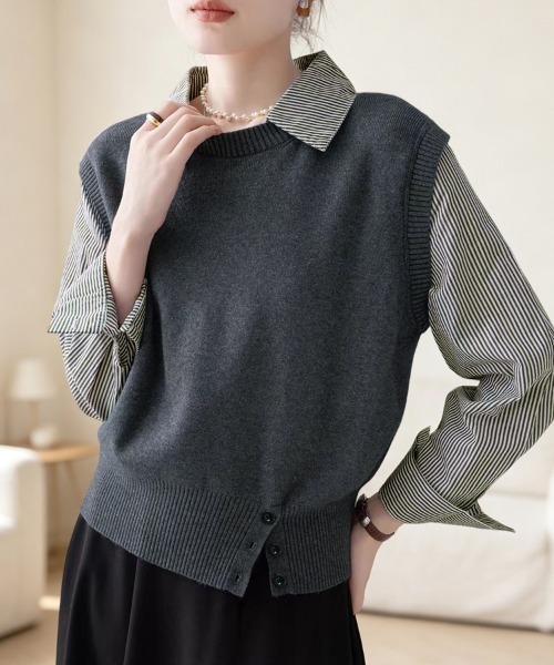 ReRe(リリ)の「ストライプ柄シャツ襟ドッキングニット(ニット/セーター・レディース・グレー/ホワイト/ネイビー・FREE)」の1枚目の写真