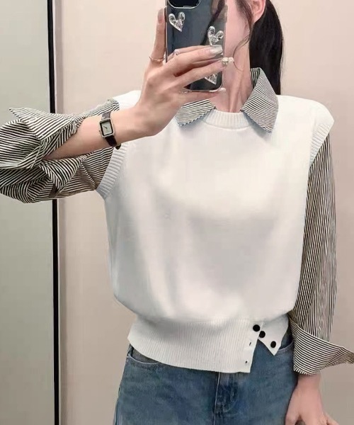 ReRe(リリ)の「ストライプ柄シャツ襟ドッキングニット(ニット/セーター・レディース・グレー/ホワイト/ネイビー・FREE)」の2枚目の写真
