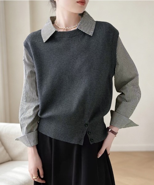 ReRe(リリ)の「ストライプ柄シャツ襟ドッキングニット(ニット/セーター・レディース・グレー/ホワイト/ネイビー・FREE)」の4枚目の写真