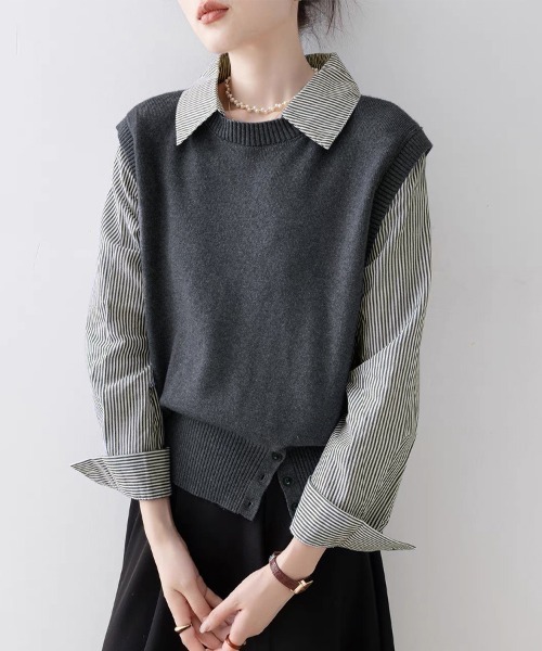 ReRe(リリ)の「ストライプ柄シャツ襟ドッキングニット(ニット/セーター・レディース・グレー/ホワイト/ネイビー・FREE)」の6枚目の写真
