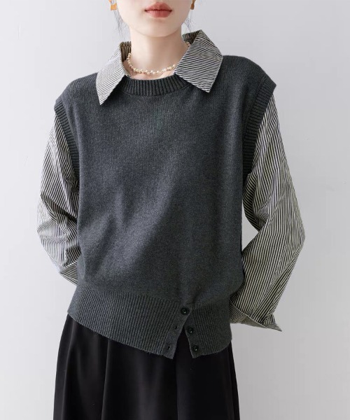 ReRe(リリ)の「ストライプ柄シャツ襟ドッキングニット(ニット/セーター・レディース・グレー/ホワイト/ネイビー・FREE)」の7枚目の写真