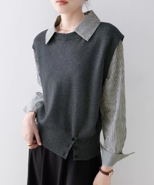 ReRe(リリ)の「ストライプ柄シャツ襟ドッキングニット(ニット/セーター・レディース・グレー/ホワイト/ネイビー・FREE)」の9枚目の写真