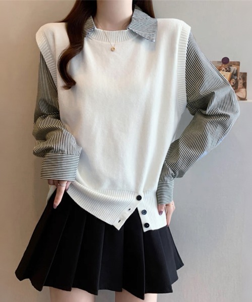 ReRe(リリ)の「ストライプ柄シャツ襟ドッキングニット(ニット/セーター・レディース・グレー/ホワイト/ネイビー・FREE)」の11枚目の写真
