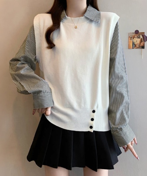 ReRe(リリ)の「ストライプ柄シャツ襟ドッキングニット(ニット/セーター・レディース・グレー/ホワイト/ネイビー・FREE)」の12枚目の写真