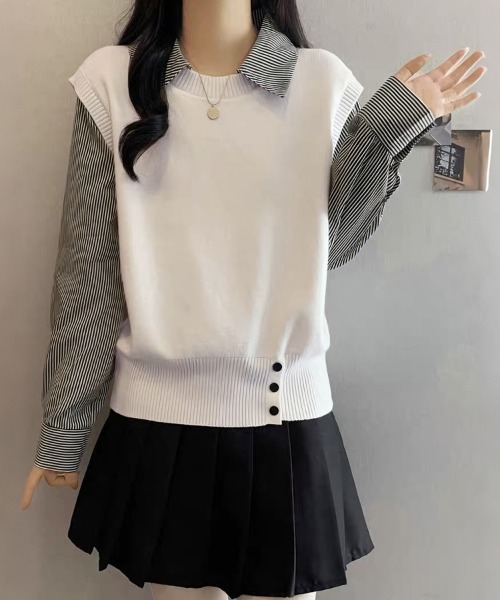 ReRe(リリ)の「ストライプ柄シャツ襟ドッキングニット(ニット/セーター・レディース・グレー/ホワイト/ネイビー・FREE)」の13枚目の写真