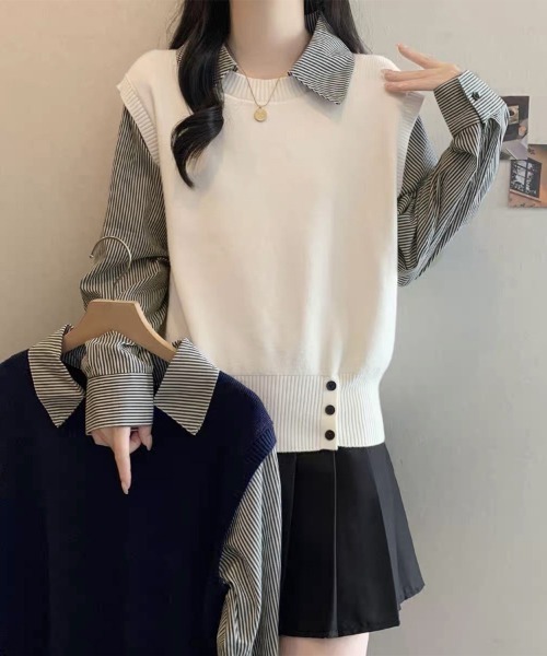 ReRe(リリ)の「ストライプ柄シャツ襟ドッキングニット(ニット/セーター・レディース・グレー/ホワイト/ネイビー・FREE)」の14枚目の写真